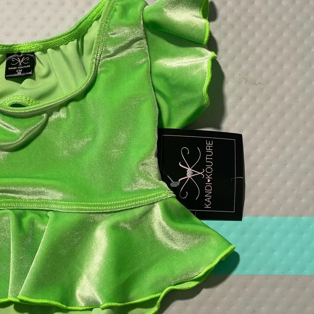Kandi Kouture Neon Green Velvet Ruffle Peplum Dance Top Child Medium child CM